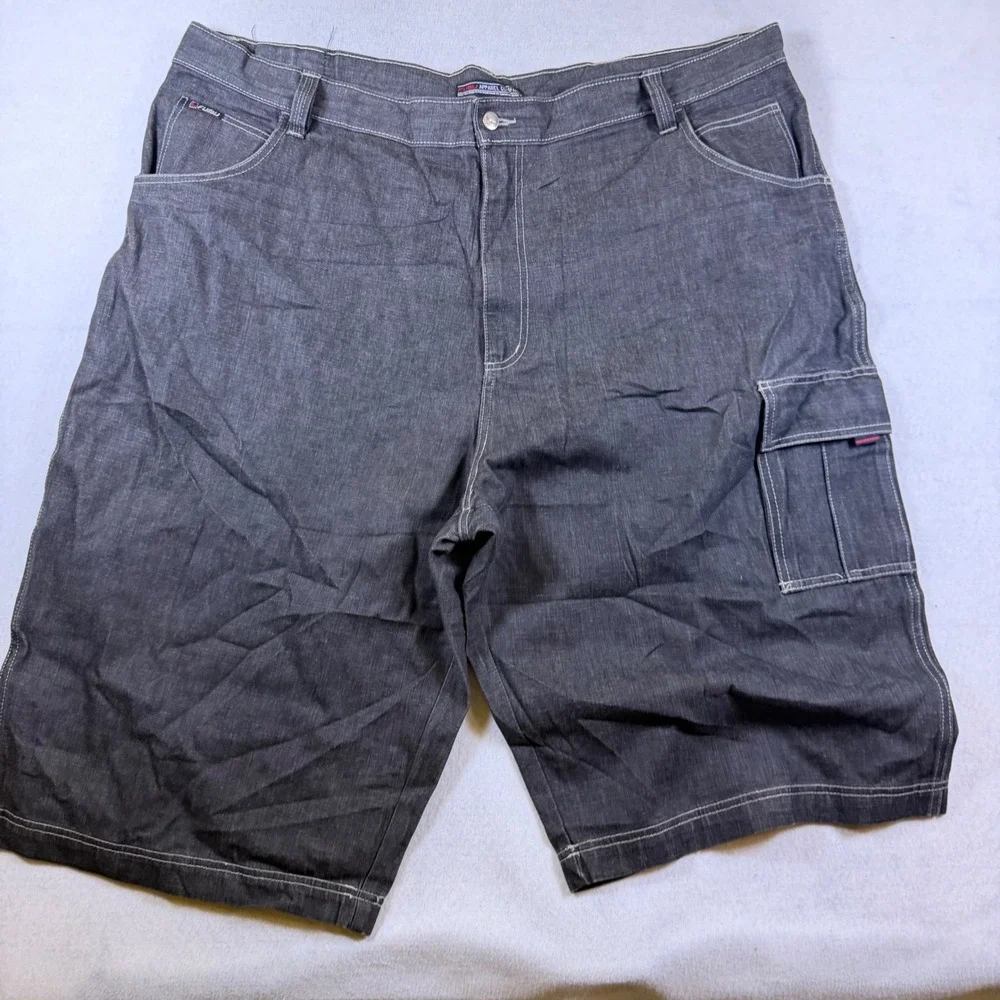 FUBU Mens Baggy Denim Cargo Shorts Dark Wash Contrast Stitch Size 48 Y2K 90s Hi